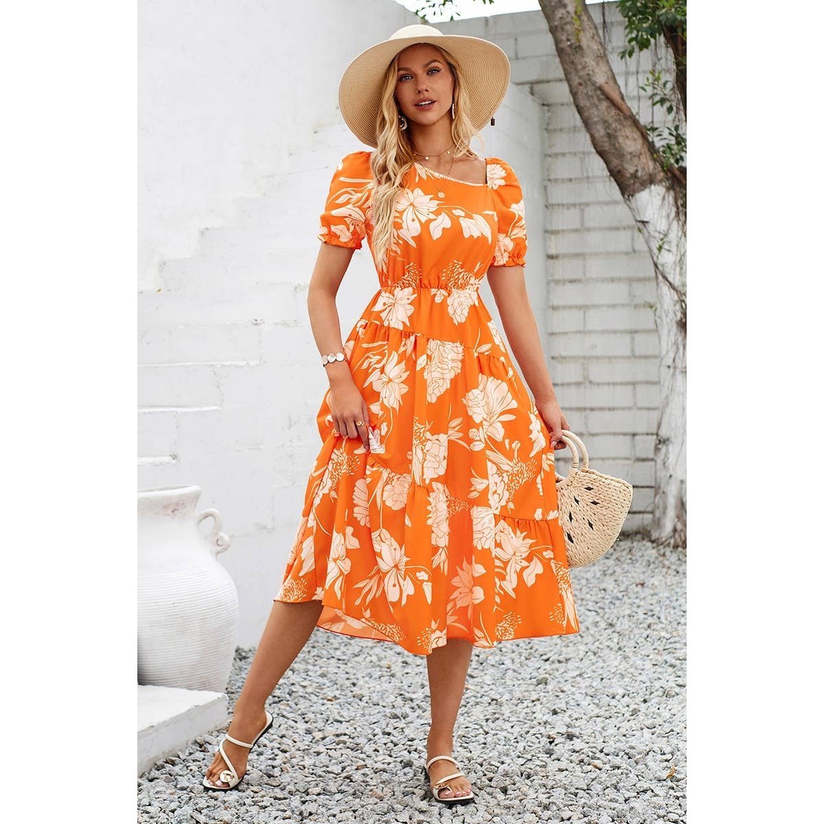 Asymmetric Neck Floral Color Block Puff Dress