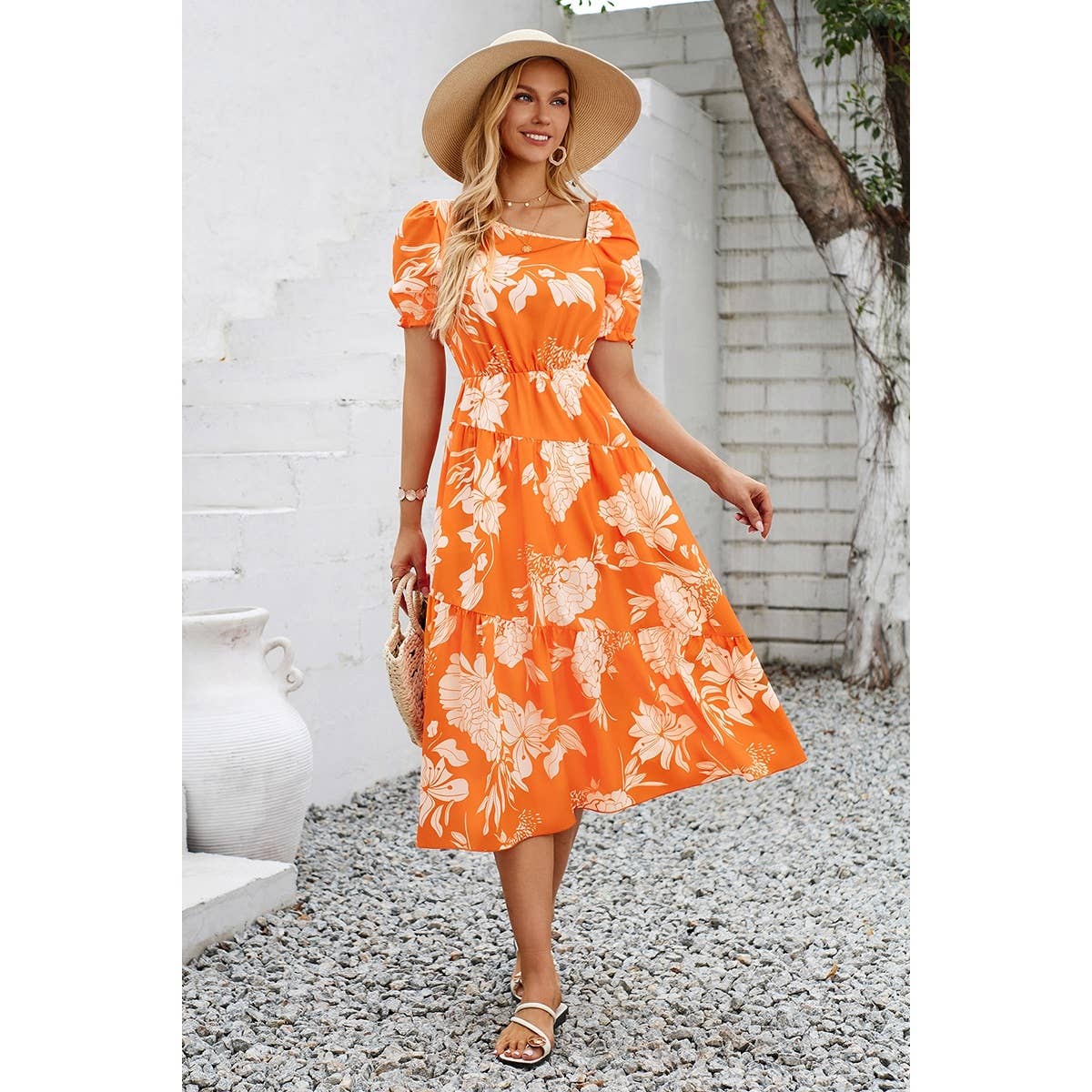 Asymmetric Neck Floral Color Block Puff Dress
