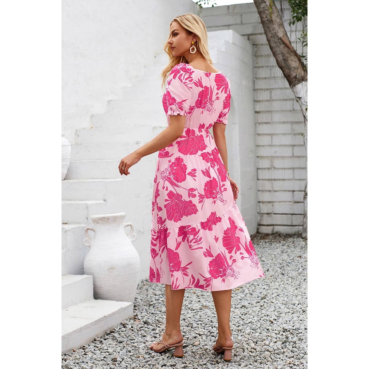 Asymmetric Neck Floral Color Block Puff Dress
