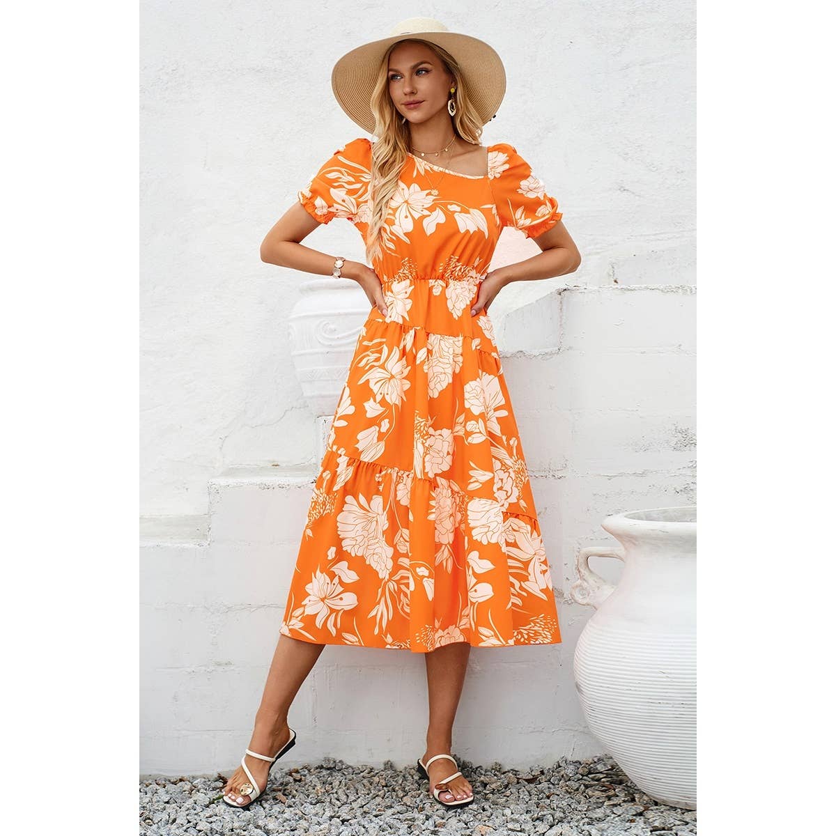 Asymmetric Neck Floral Color Block Puff Dress