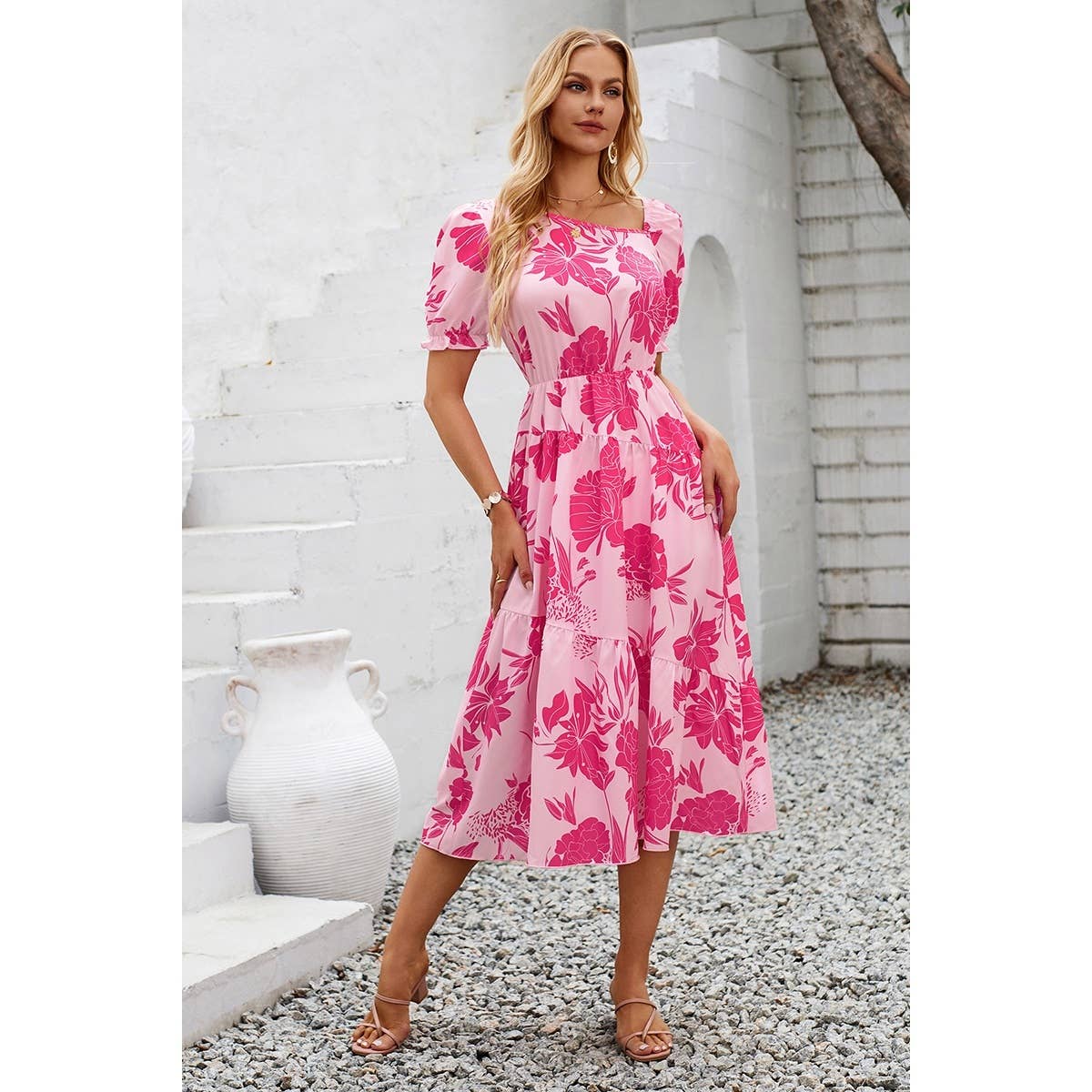 Asymmetric Neck Floral Color Block Puff Dress