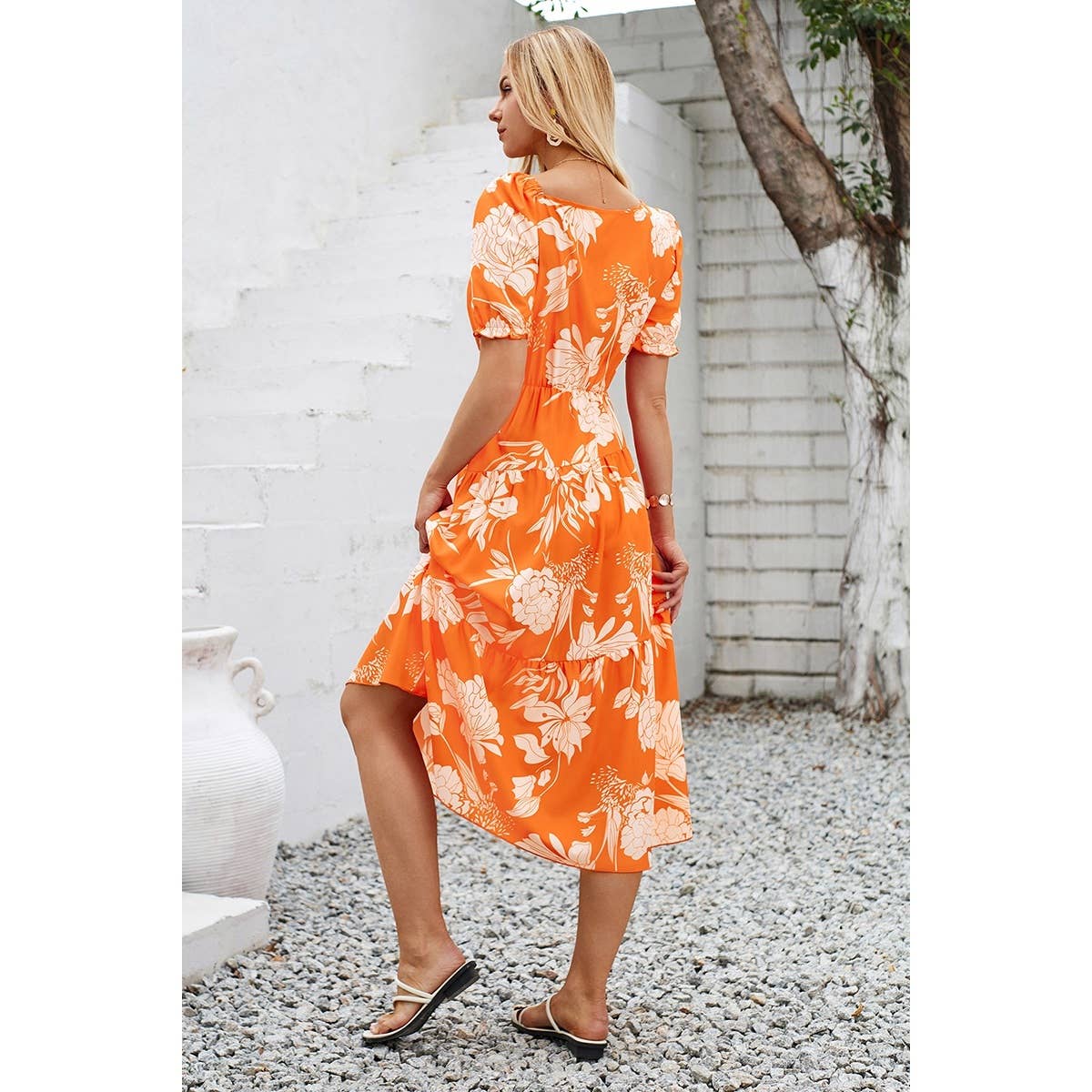 Asymmetric Neck Floral Color Block Puff Dress