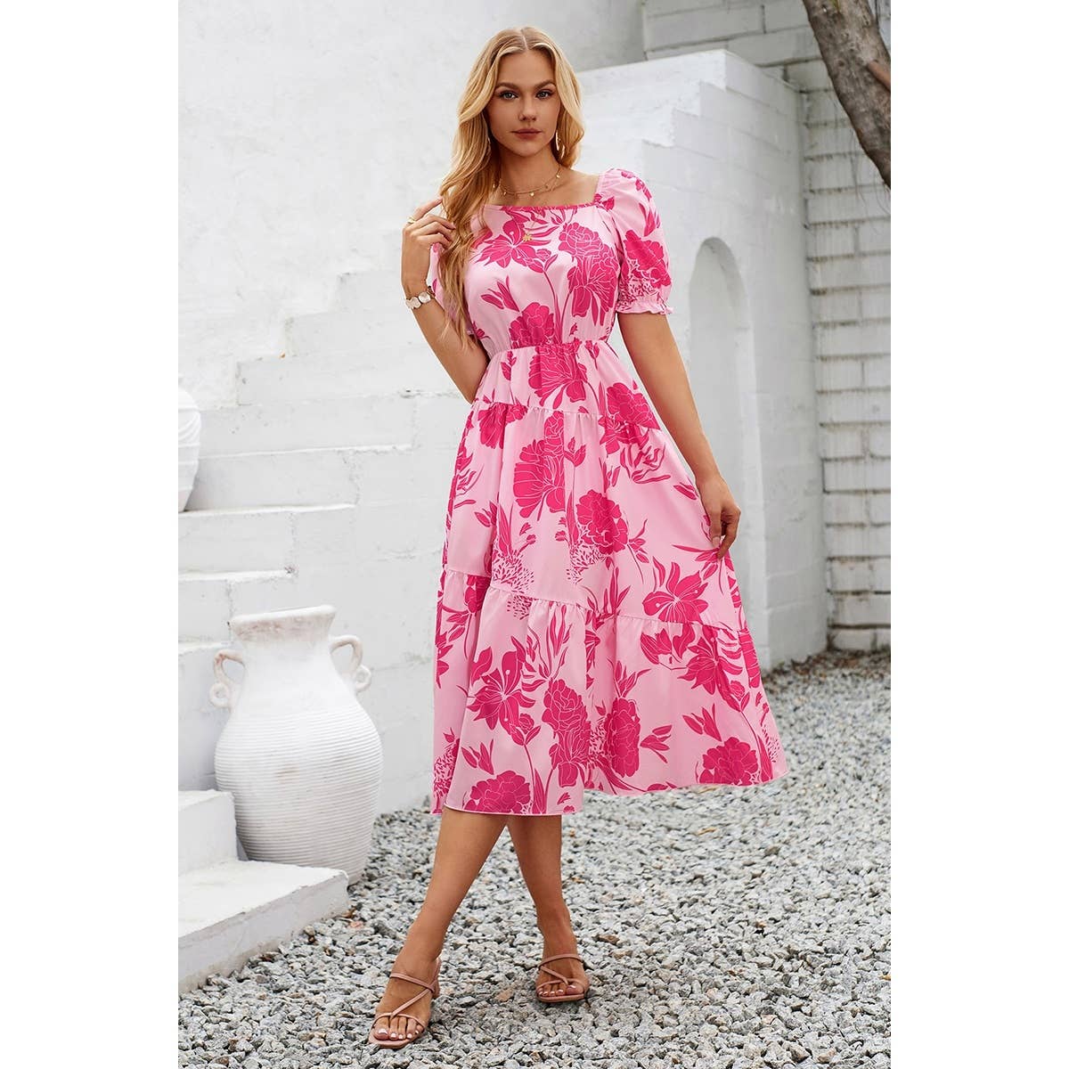 Asymmetric Neck Floral Color Block Puff Dress