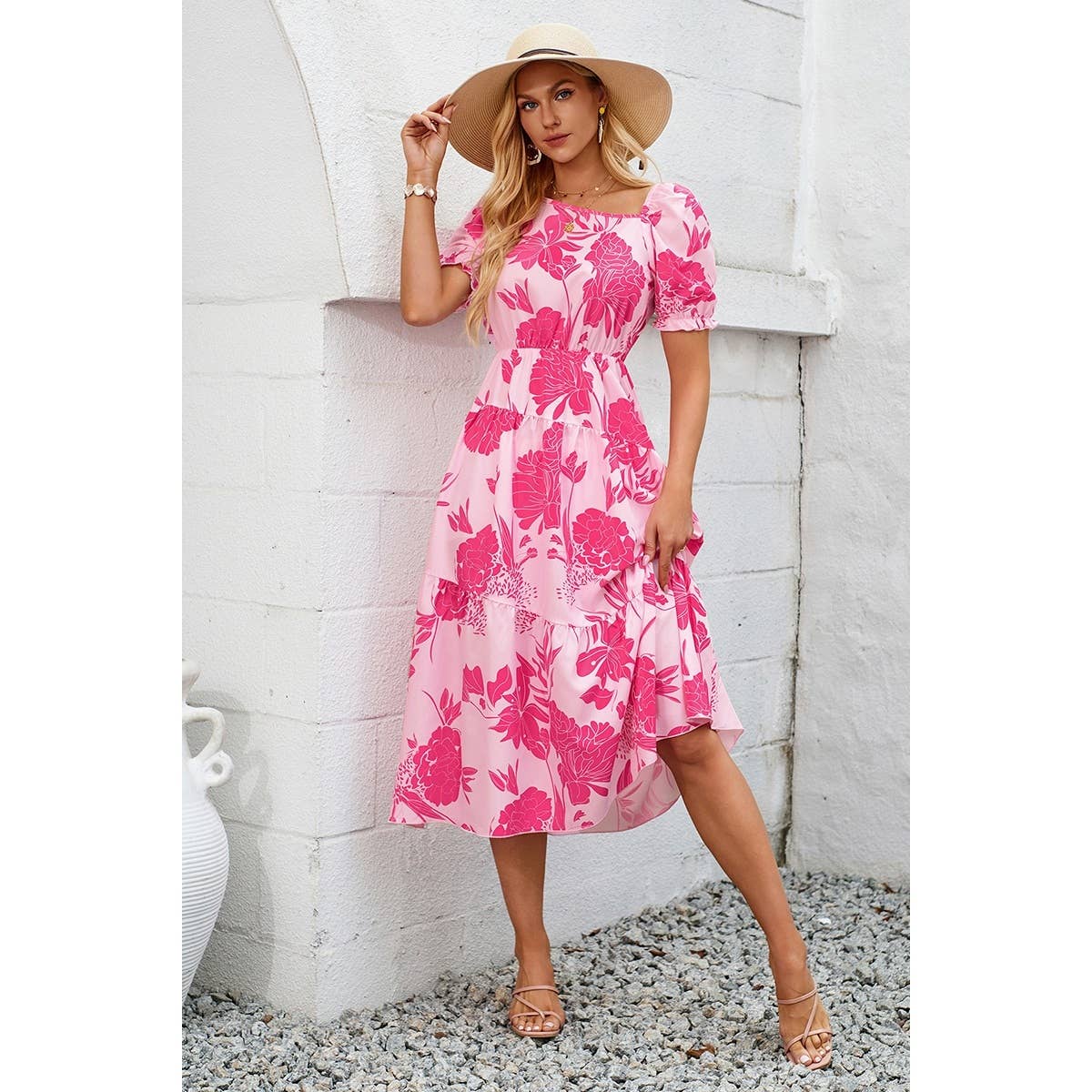 Asymmetric Neck Floral Color Block Puff Dress