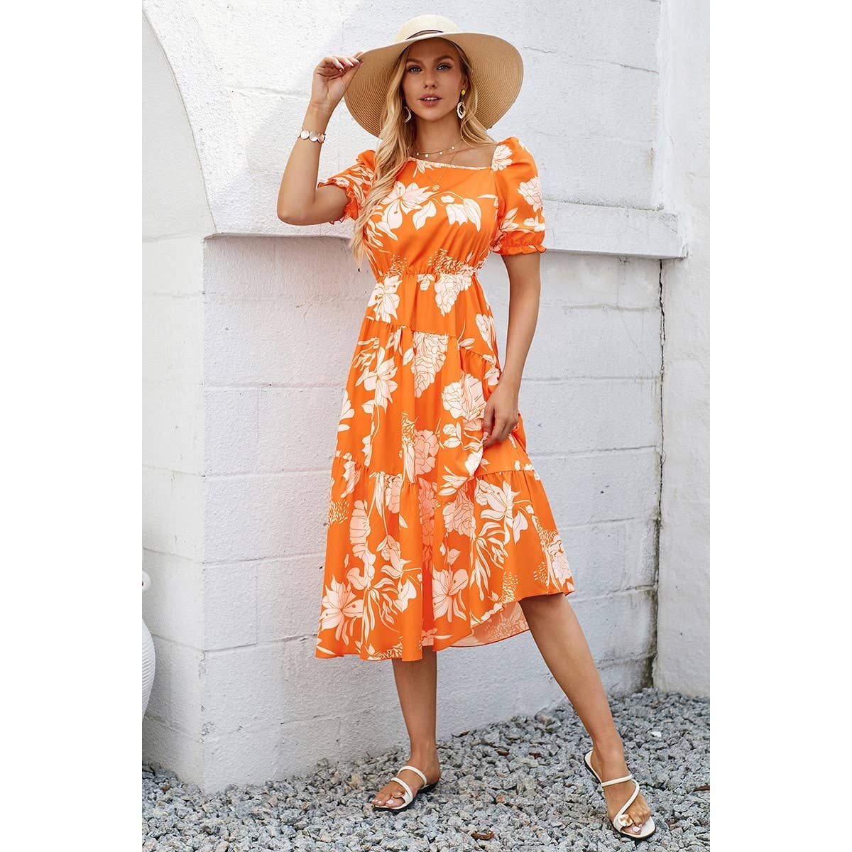 Asymmetric Neck Floral Color Block Puff Dress