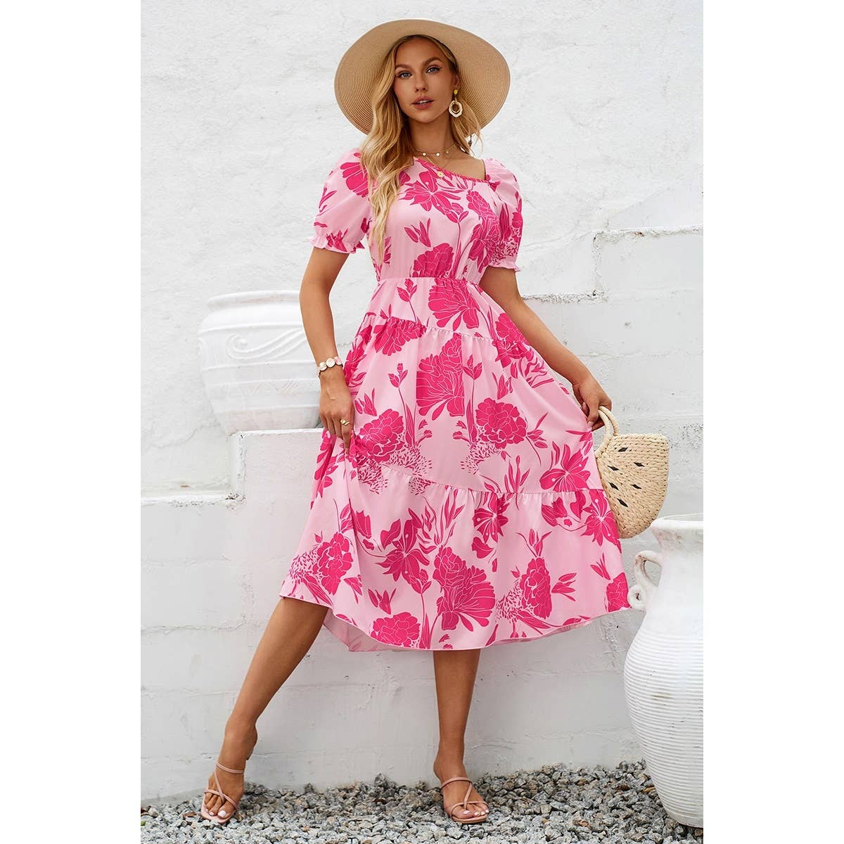 Asymmetric Neck Floral Color Block Puff Dress