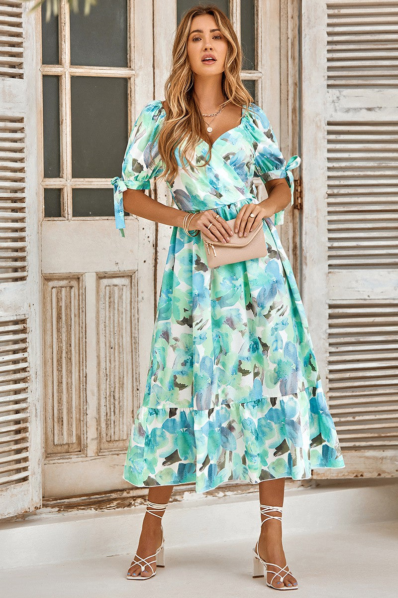 Floral Print V Neck Cross Front Midi Dress