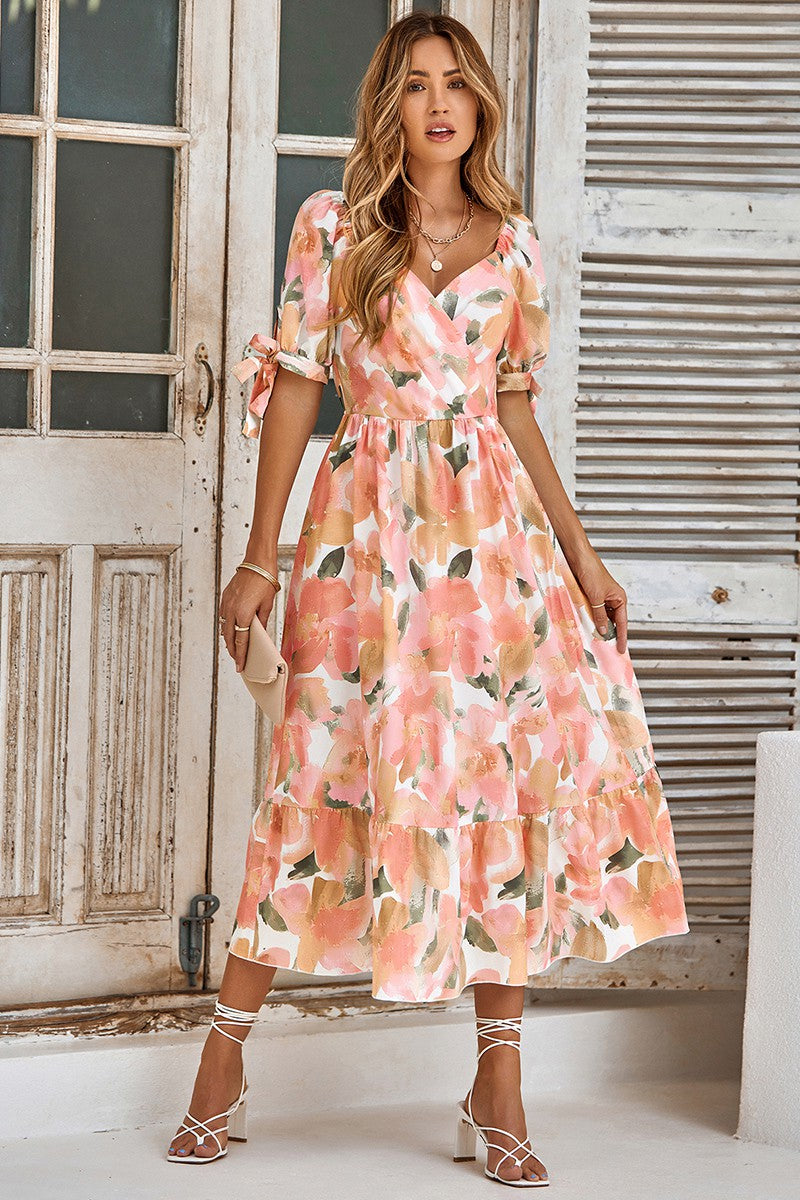 Floral Print V Neck Cross Front Midi Dress