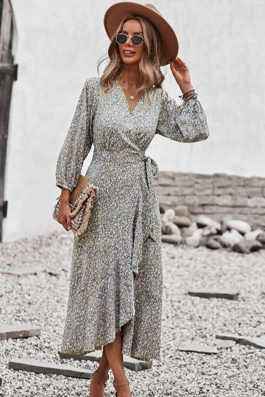 Ditsy Floral Vneck Ruffled Hem Wrap Midi Dress
