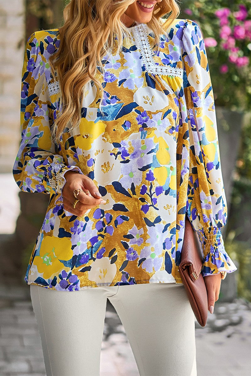 Floral Print Color Block Lace Blouse Top