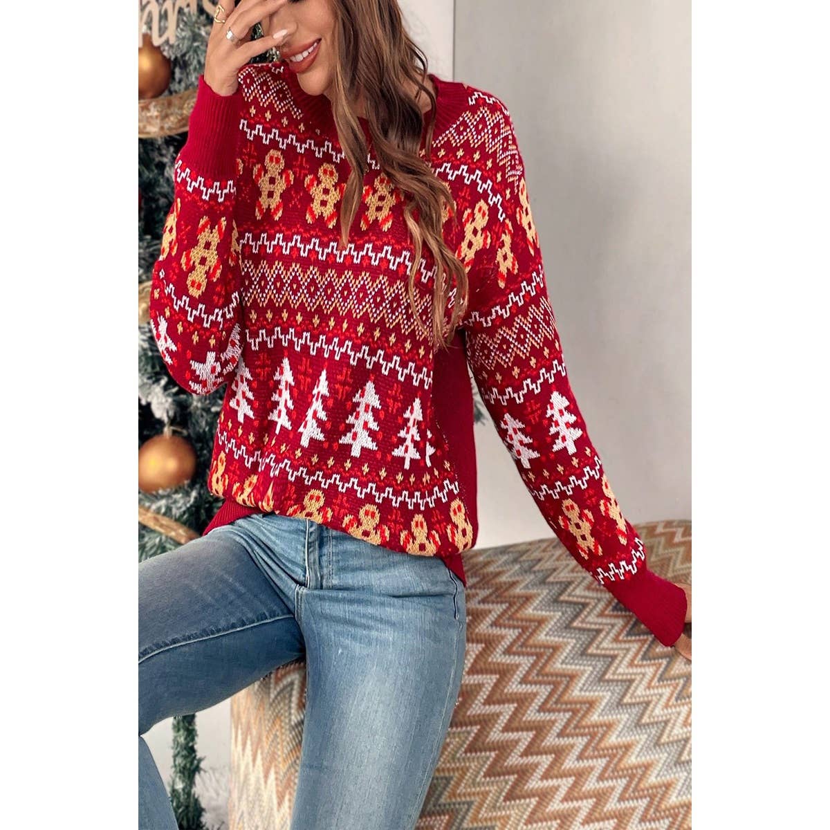 Knit Christmas Print Round Neck Loose Fit Sweater