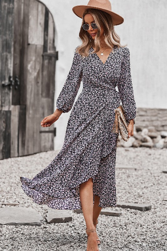 Ditsy Floral Vneck Ruffled Hem Wrap Midi Dress
