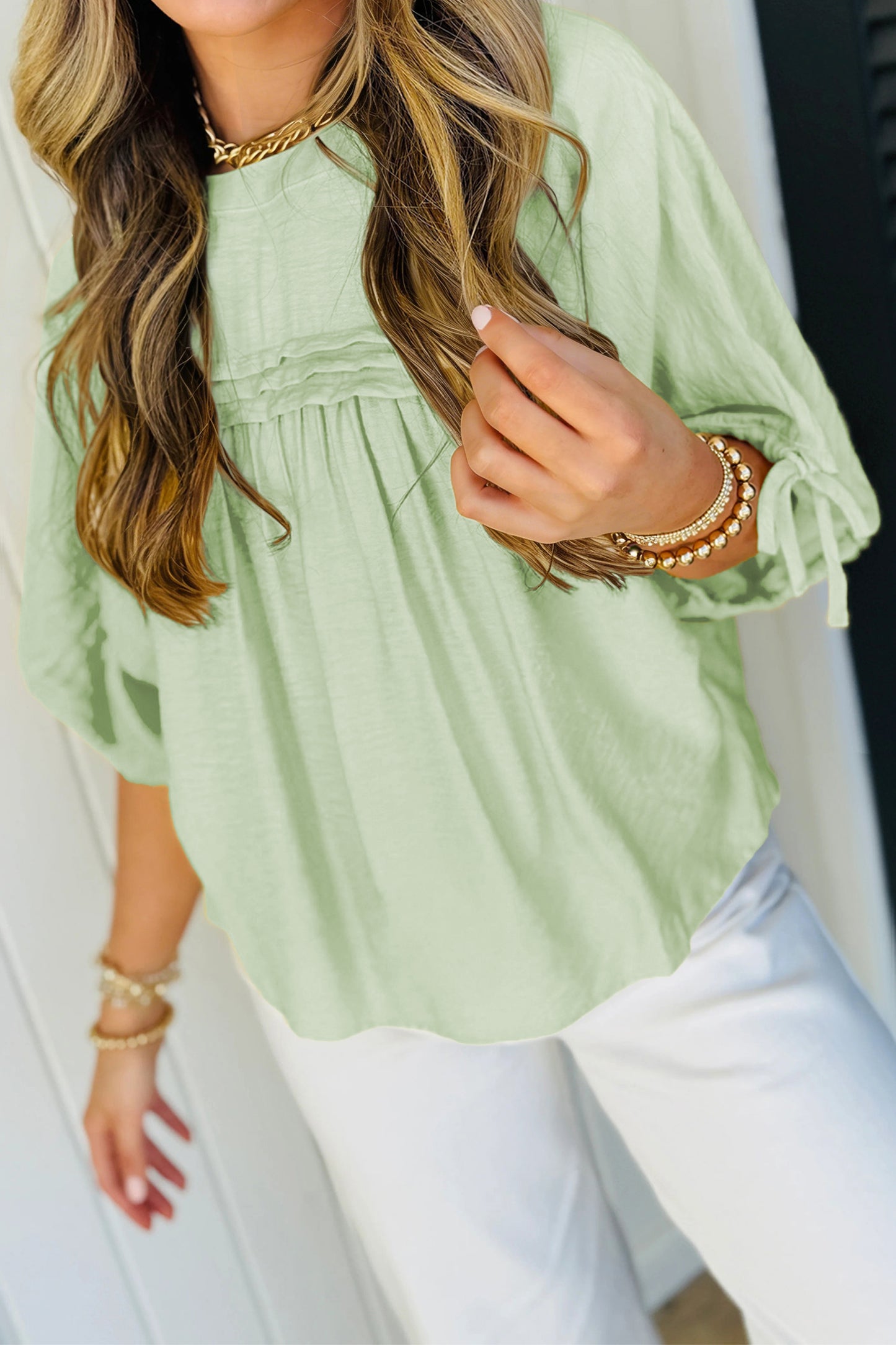 Tie Half Sleeve Pleated Detail Babydoll Blouse