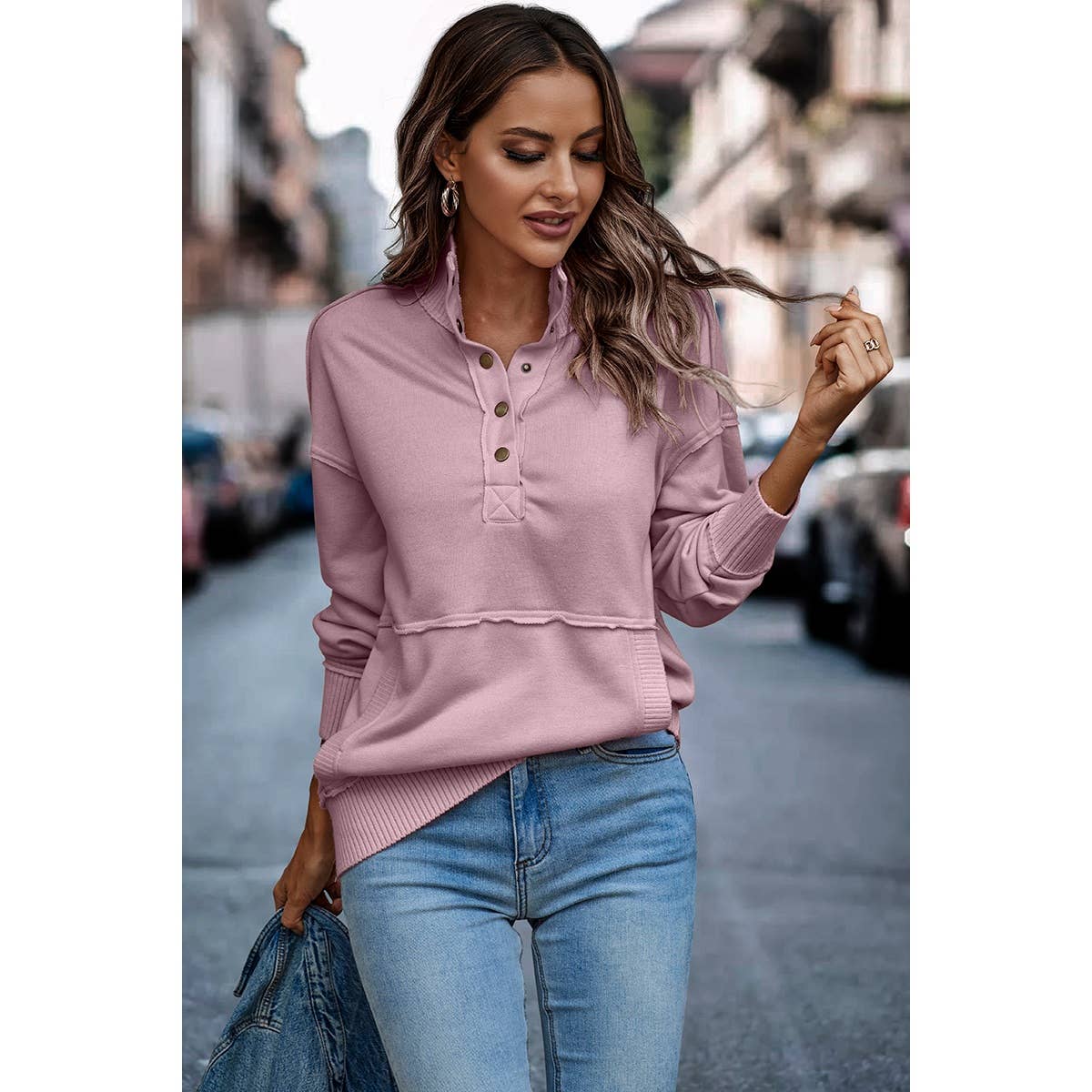 Button Up Color Block Solid Fit Pocket Sweatshirt - Elings