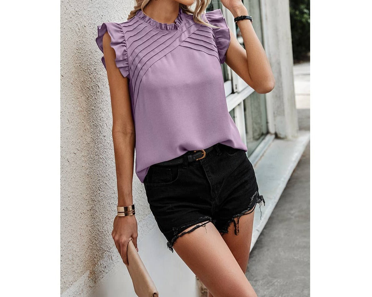 Pleated Ruffled Cap Sleeves Top | Shirt - Women's | 011624, 523, new arrival, New Arrivals, short sleeve top, Top | Elings