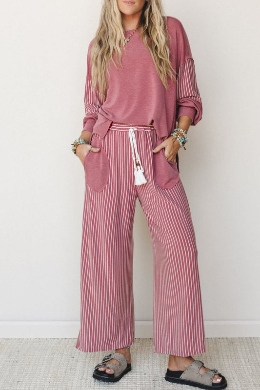 Raw Seam Patchwork Long Sleeve Top Pocket Casual Pants 2pcs Set