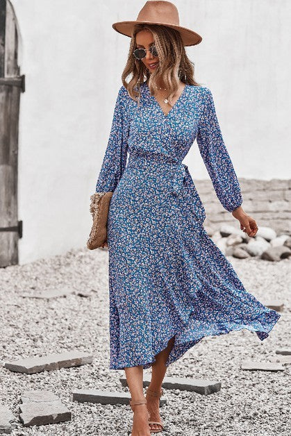 Ditsy Floral Vneck Ruffled Hem Wrap Midi Dress