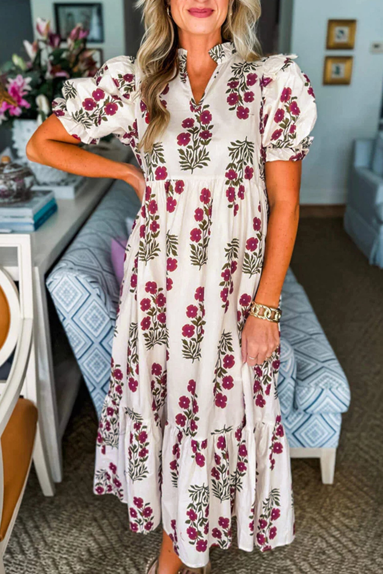 Beige Floral Short Bubble Sleeve Tiered Maxi Dress – Shoppe247