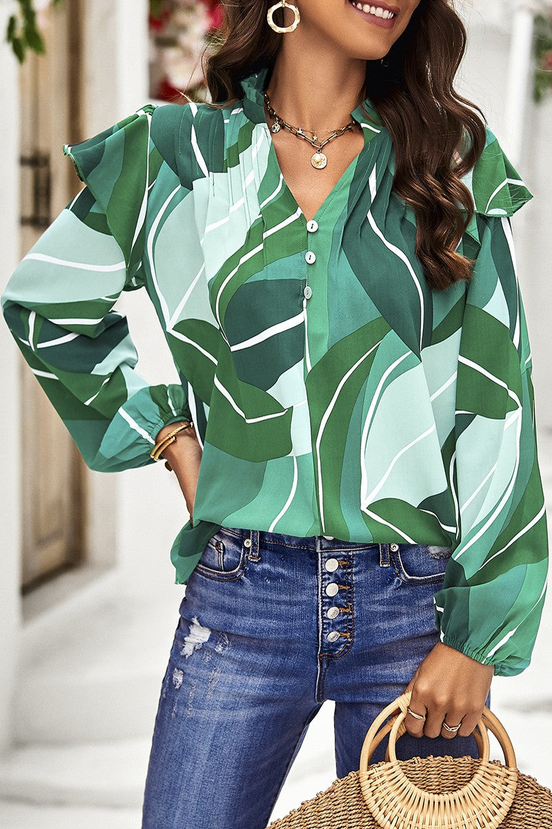 Floral Print V Neck Ruffle Puff Sleeve Top
