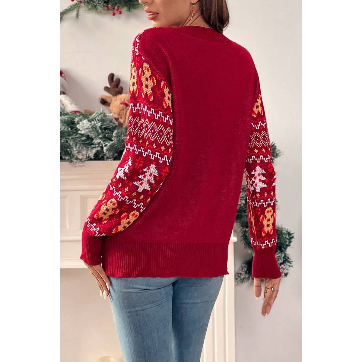 Knit Christmas Print Round Neck Loose Fit Sweater