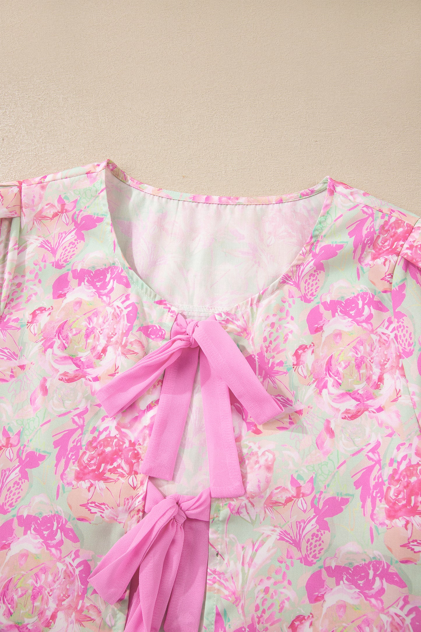 Pink Ribbon Knot Front Floral Short Puff Sleeve Blouse