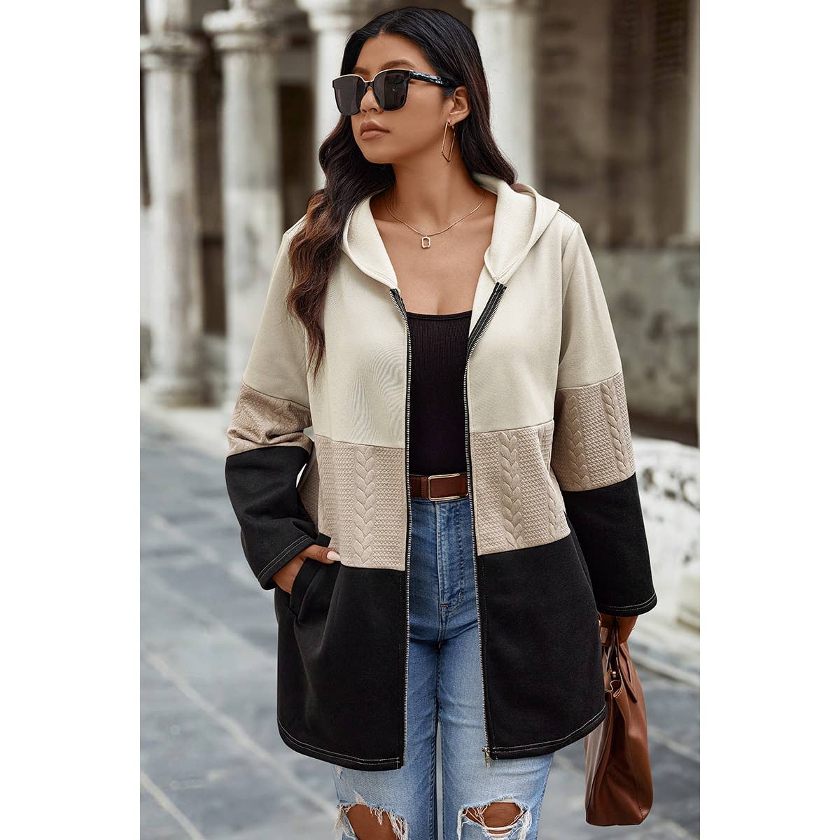 Color Block Pockets Long Sleeves Zipper Hoodie