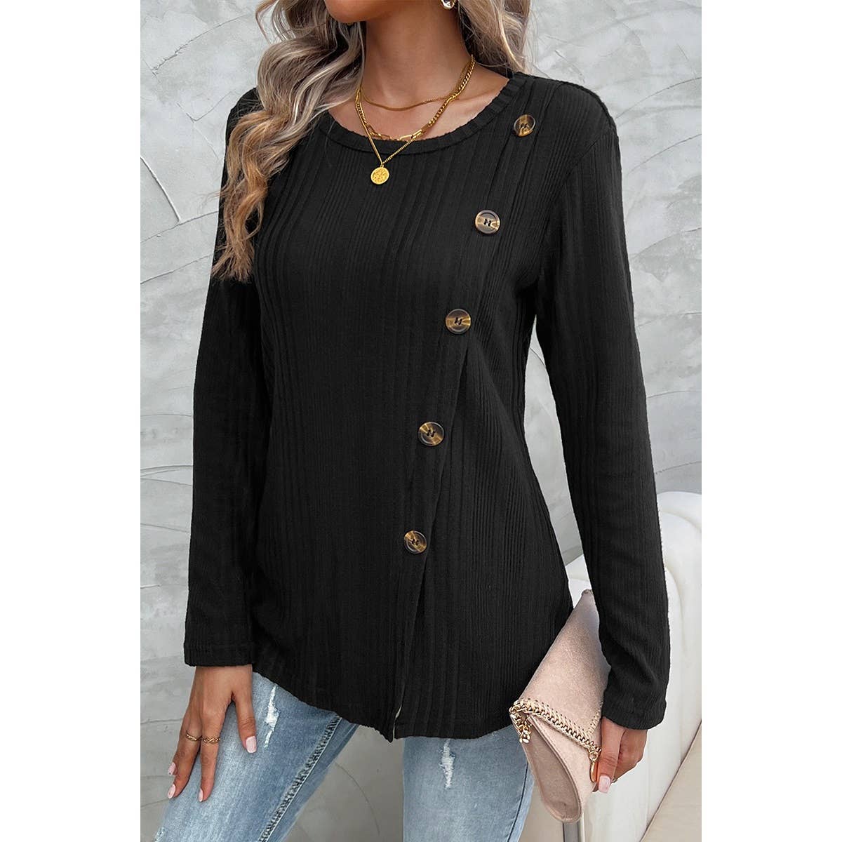 Crewneck Button Trim Slip Loose Sweatshirt