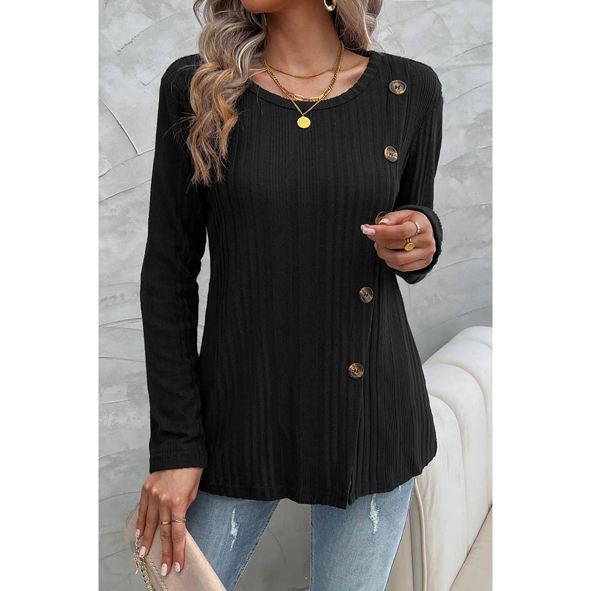 Crewneck Button Trim Slip Loose Sweatshirt
