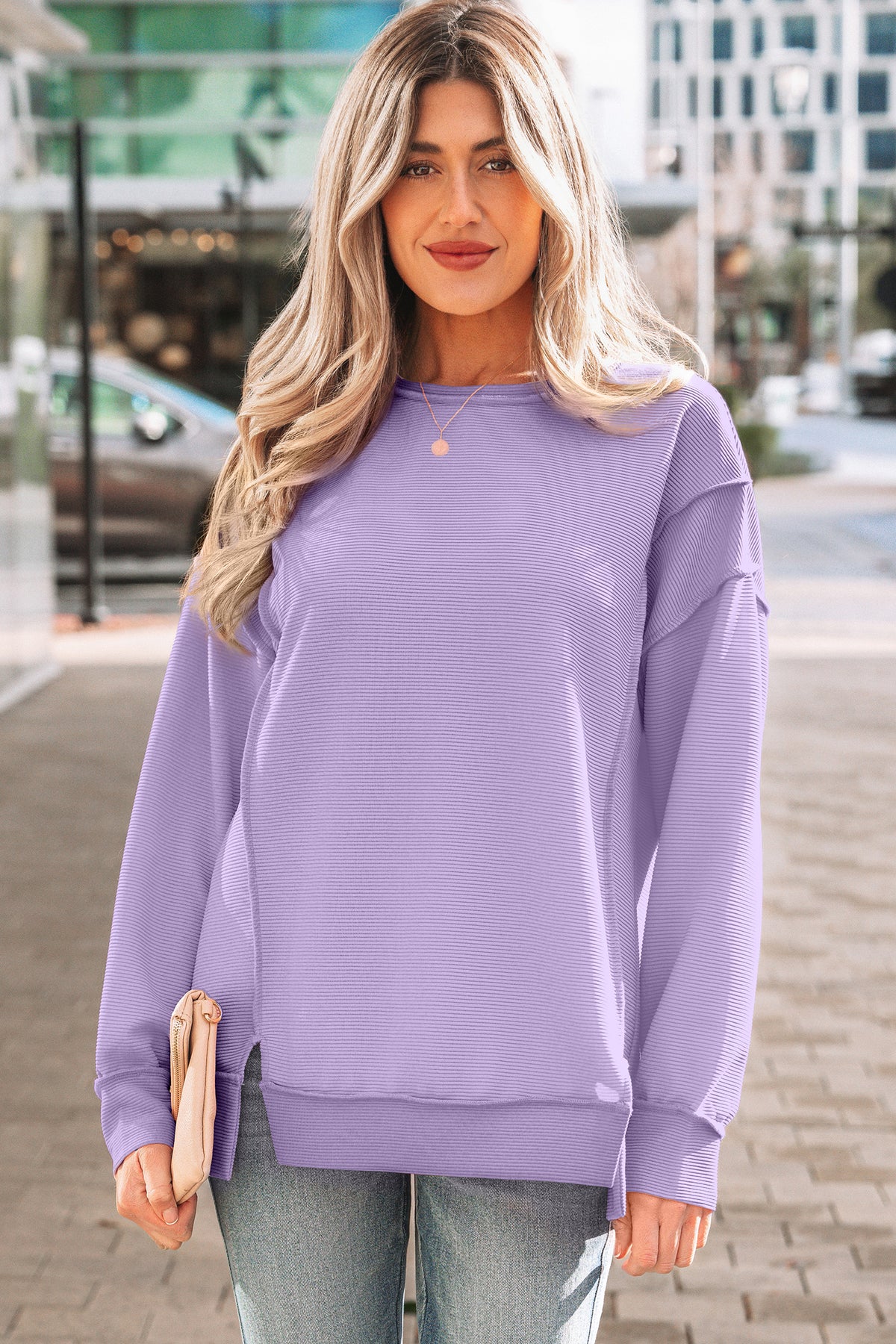 Pink Horizontal Ribbed Exposed Seam Detail Drop Shoulder Baggy Pullover
