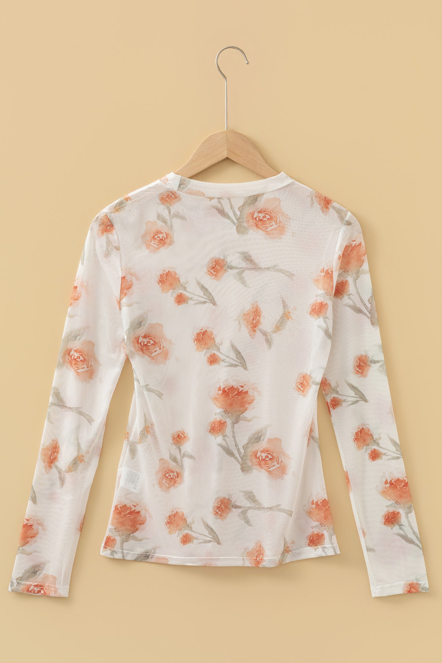 Casual Round Neck Floral Print Mesh Long Sleeve Top