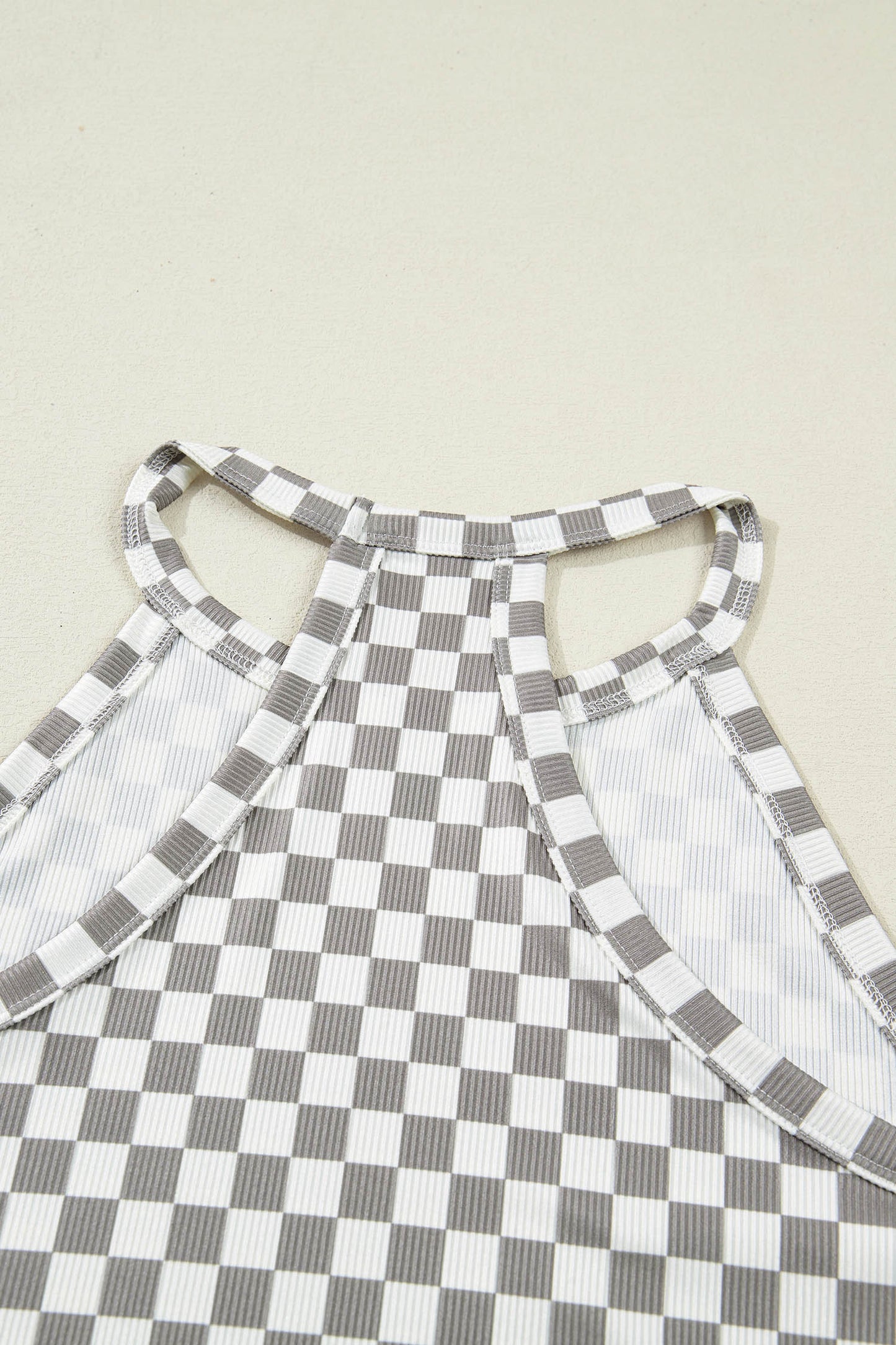 Gray Checkered Print Textured Halter Tank Top
