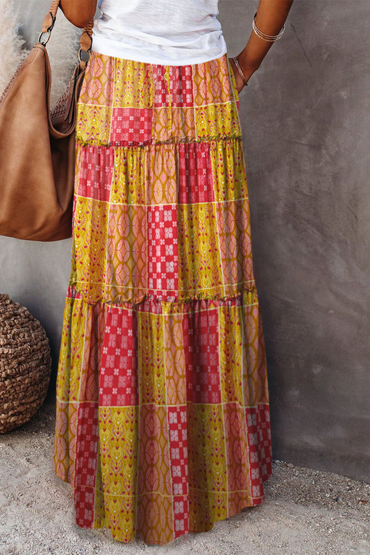 Tiered Paisley Print Pocketed Maxi Skirt