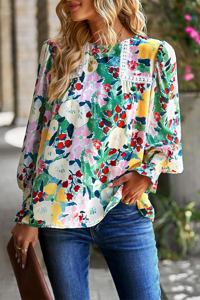 Floral Print Color Block Lace Blouse Top