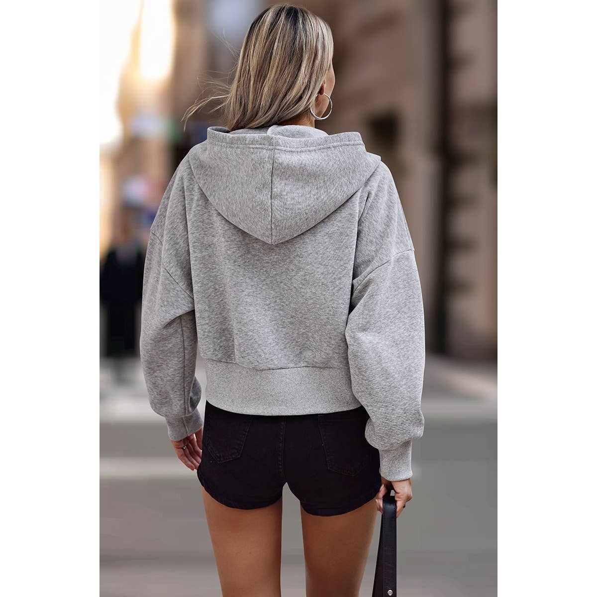 Solid Zipper Dropped Shoulder High Waist Hoodie