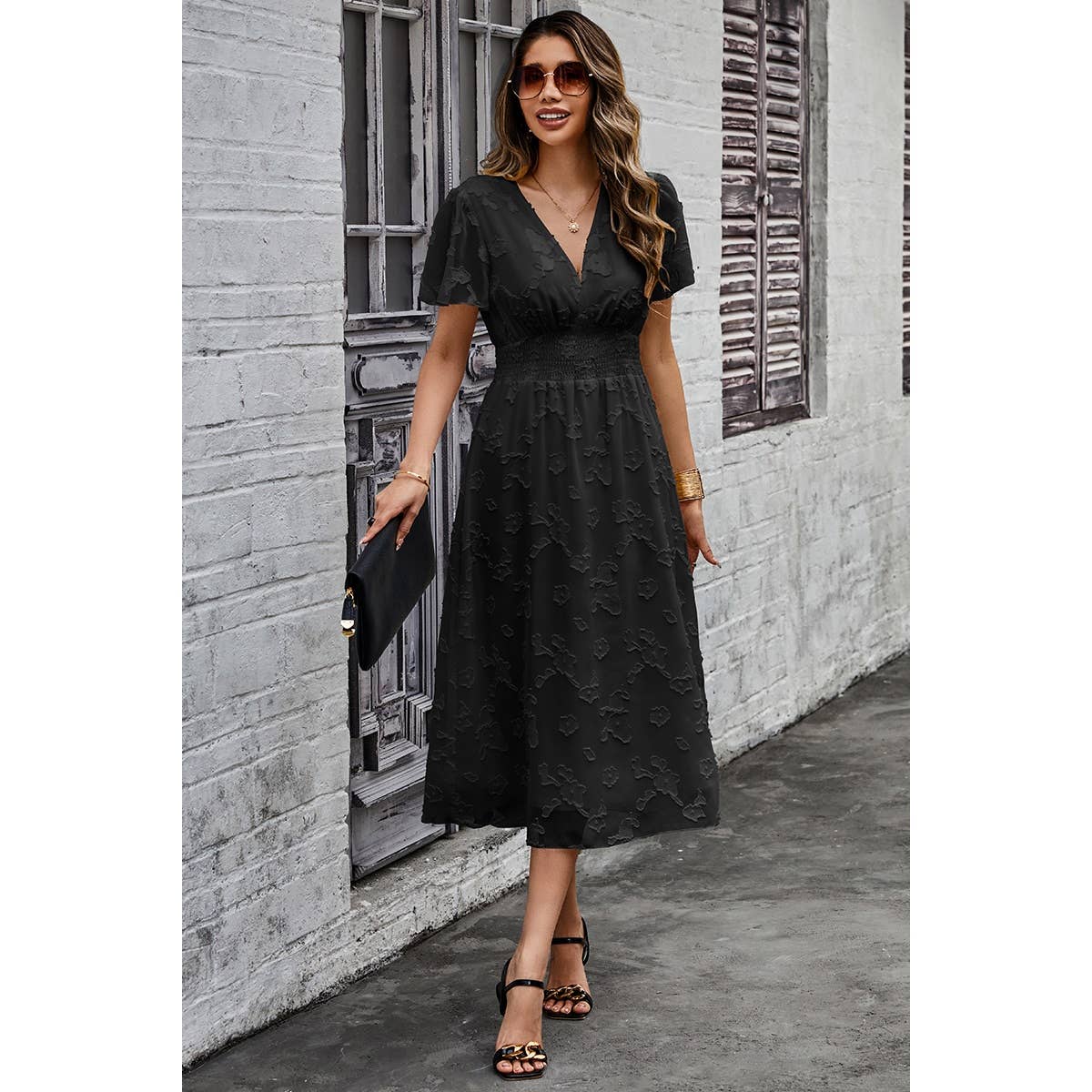 Deep V Ruched Elastic Belt Smocked Midi Dress - Elings