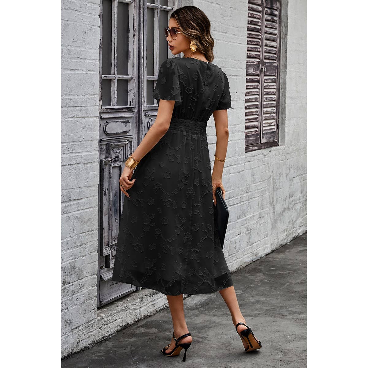 Deep V Ruched Elastic Belt Smocked Midi Dress - Elings
