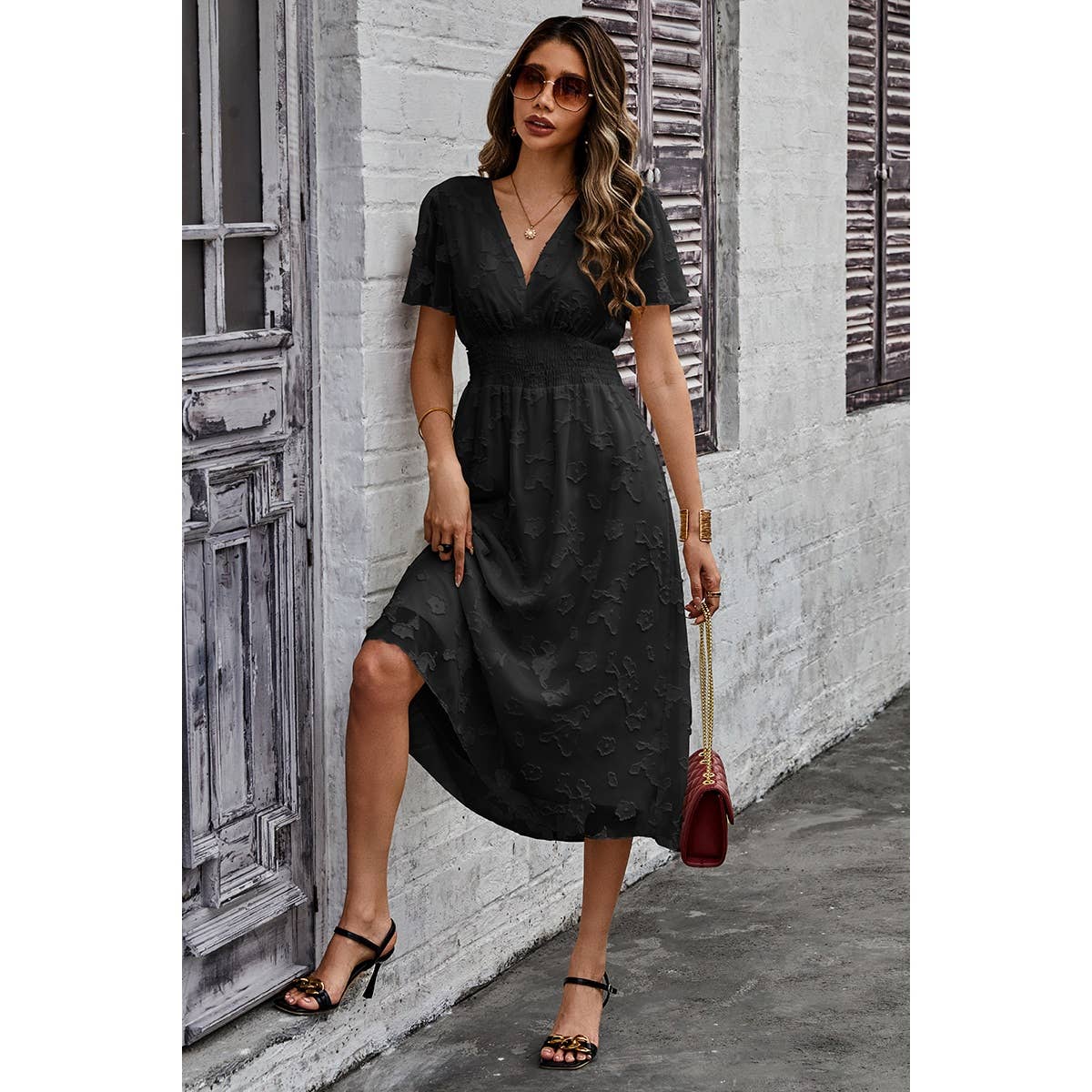 Deep V Ruched Elastic Belt Smocked Midi Dress - Elings