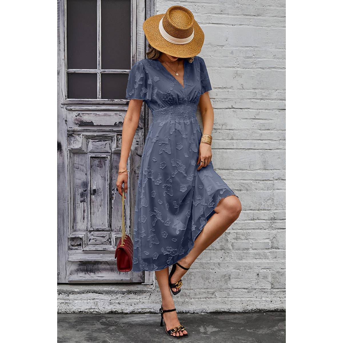 Deep V Ruched Elastic Belt Smocked Midi Dress - Elings