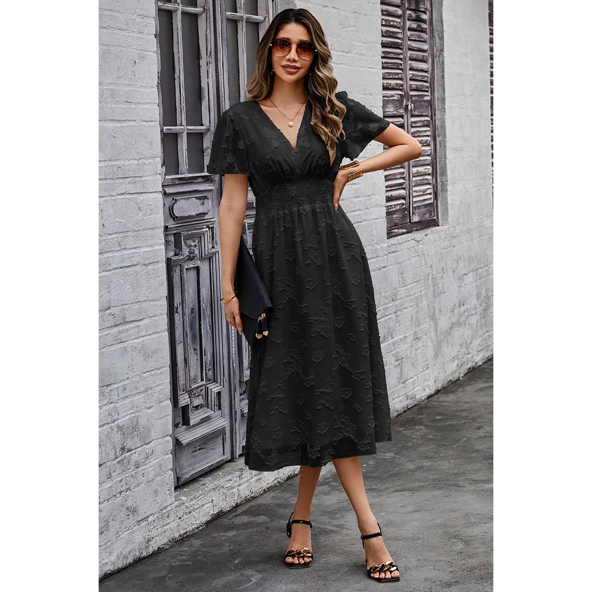 Deep V Ruched Elastic Belt Smocked Midi Dress - Elings