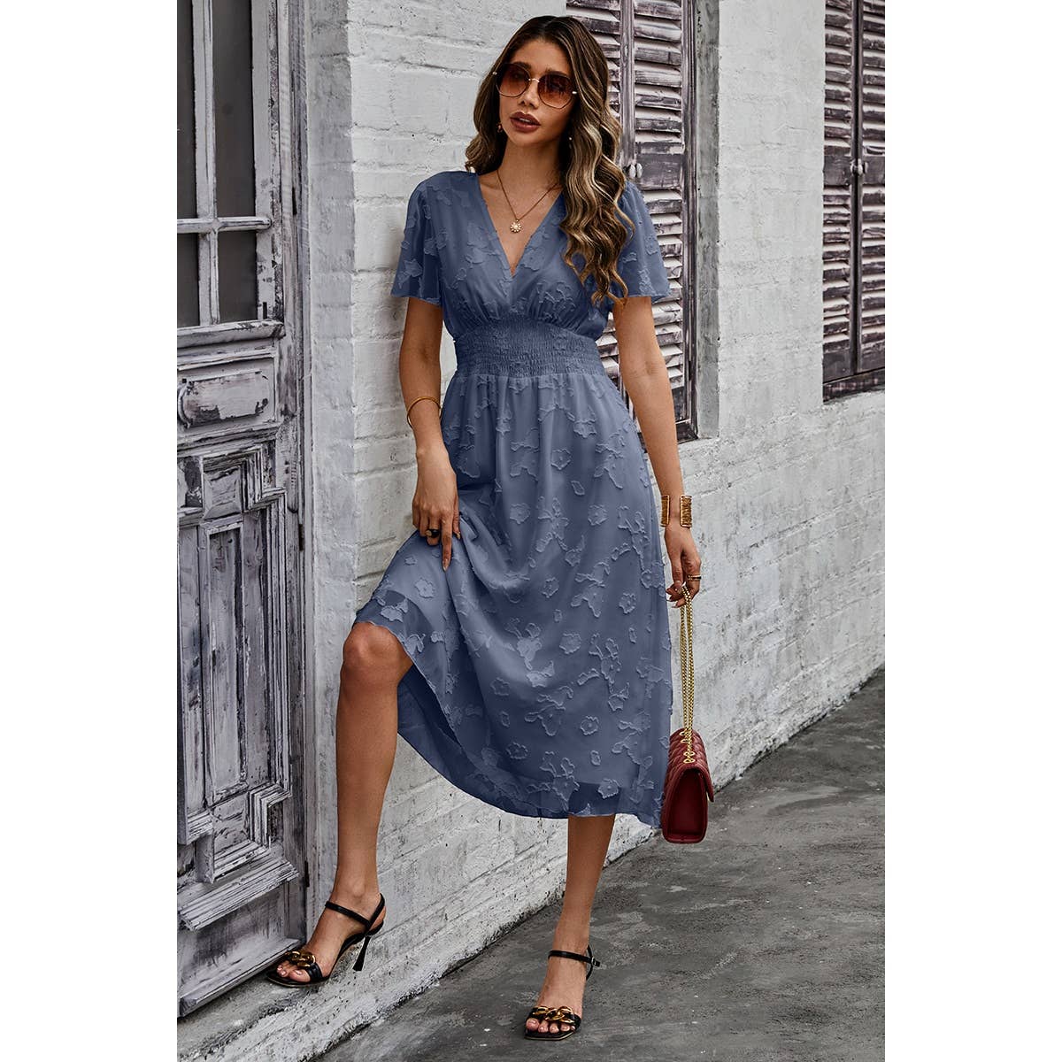Deep V Ruched Elastic Belt Smocked Midi Dress - Elings