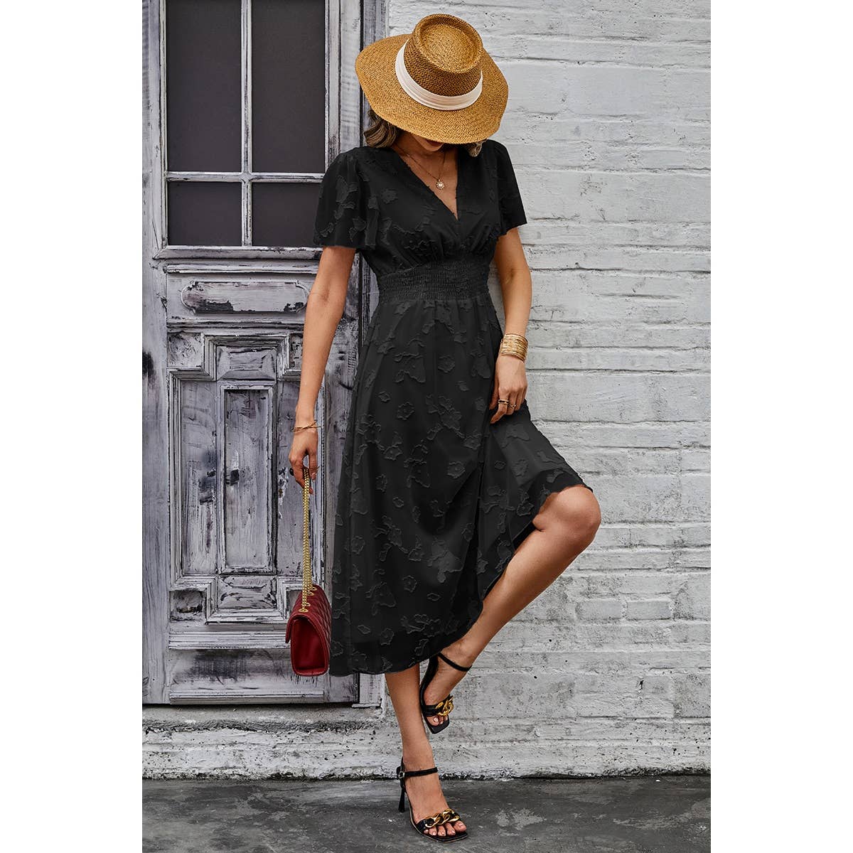 Deep V Ruched Elastic Belt Smocked Midi Dress - Elings