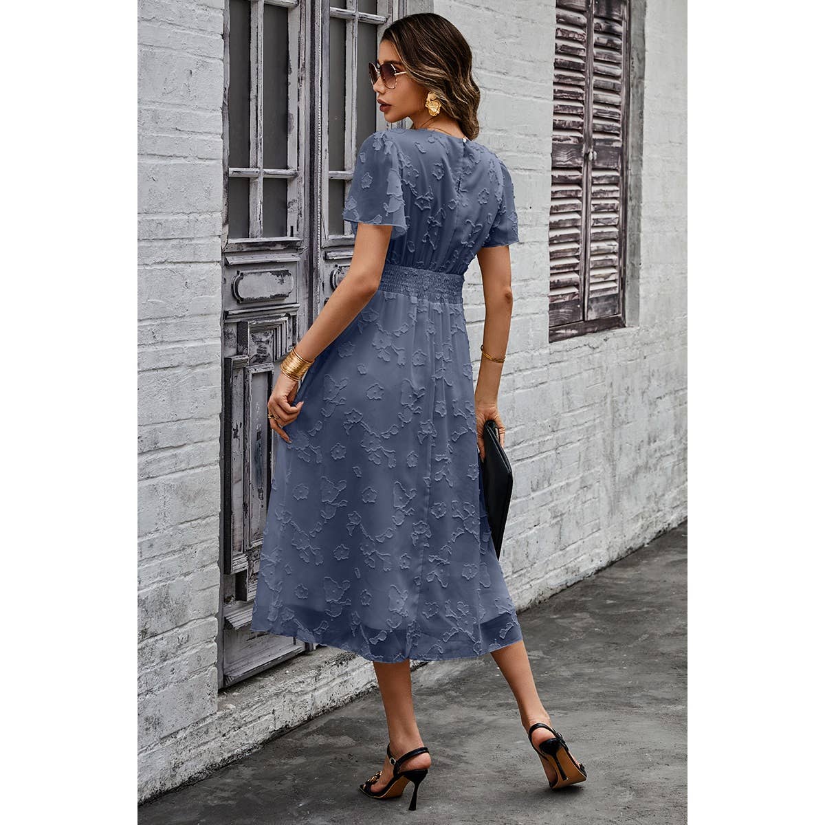 Deep V Ruched Elastic Belt Smocked Midi Dress - Elings