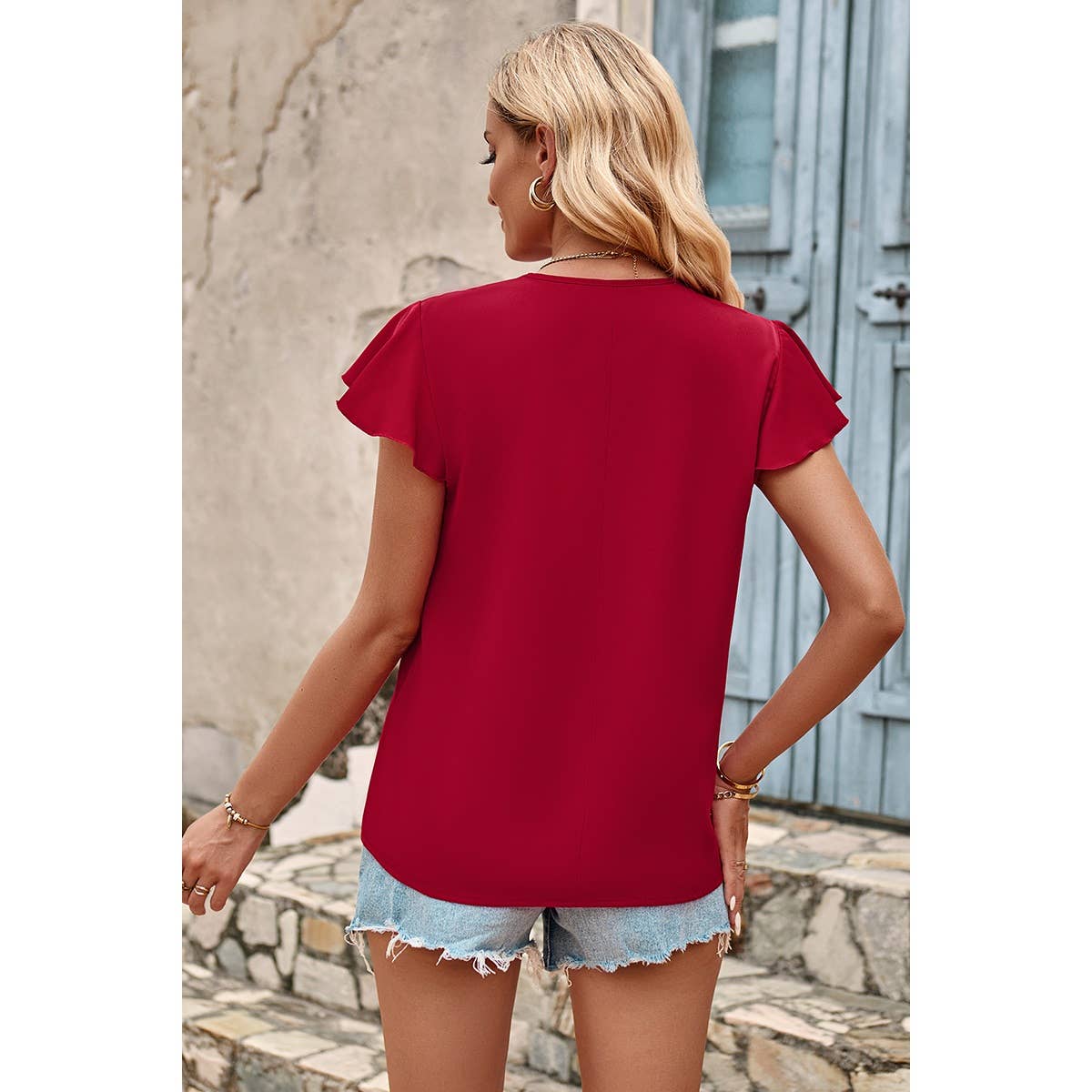 Deep V Solid Loose Fit Ruffle Sleeve Blouse - Elings