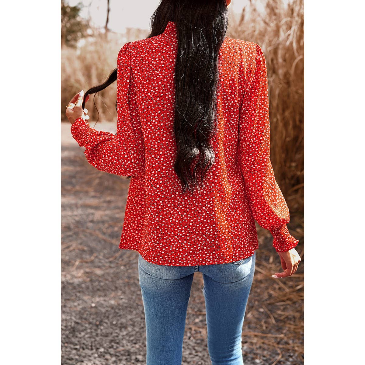 Ditsy Floral Ruffle Trim Mock Neck Blouse - Elings