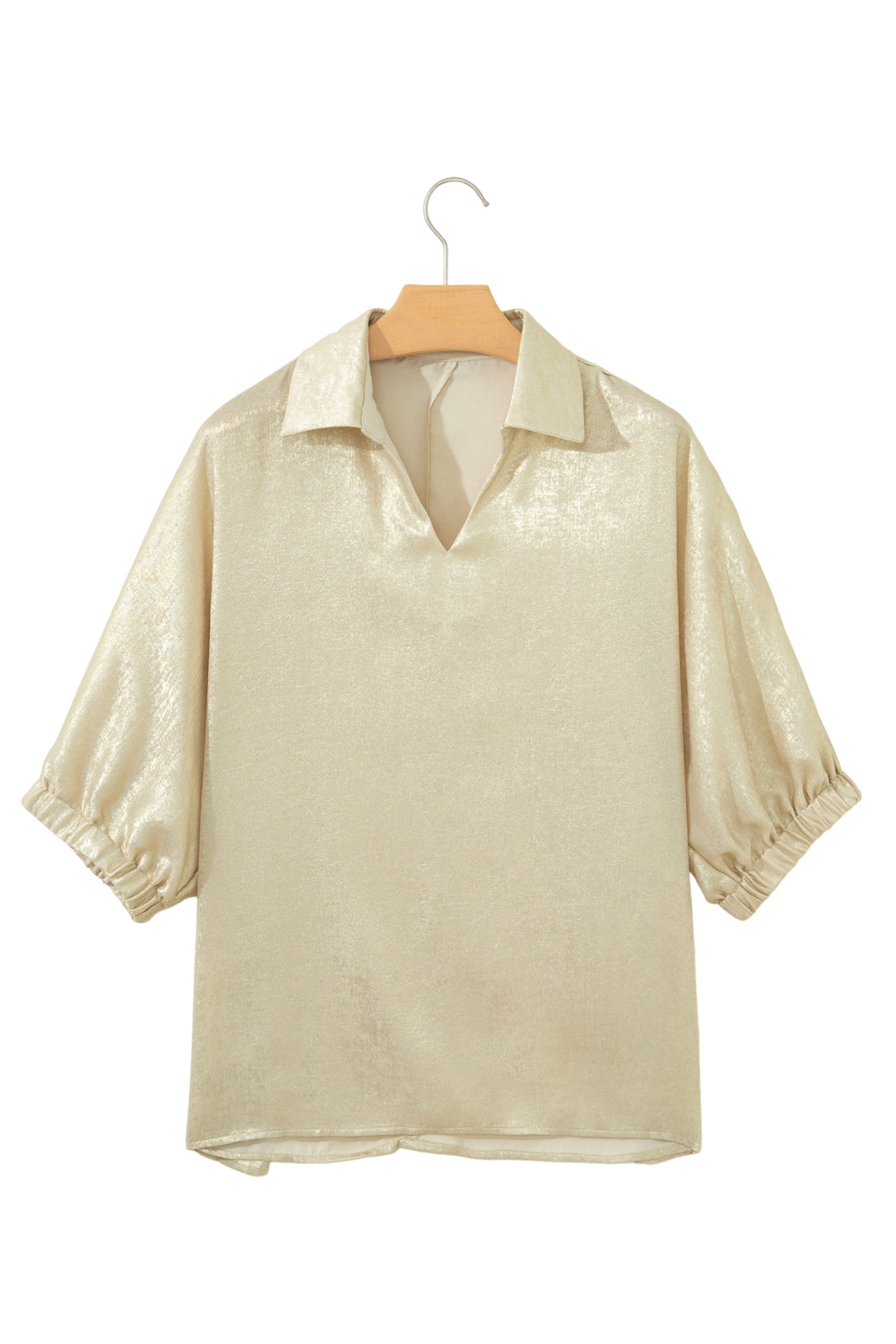 Collared V Neck Half Sleeve Metallic Top