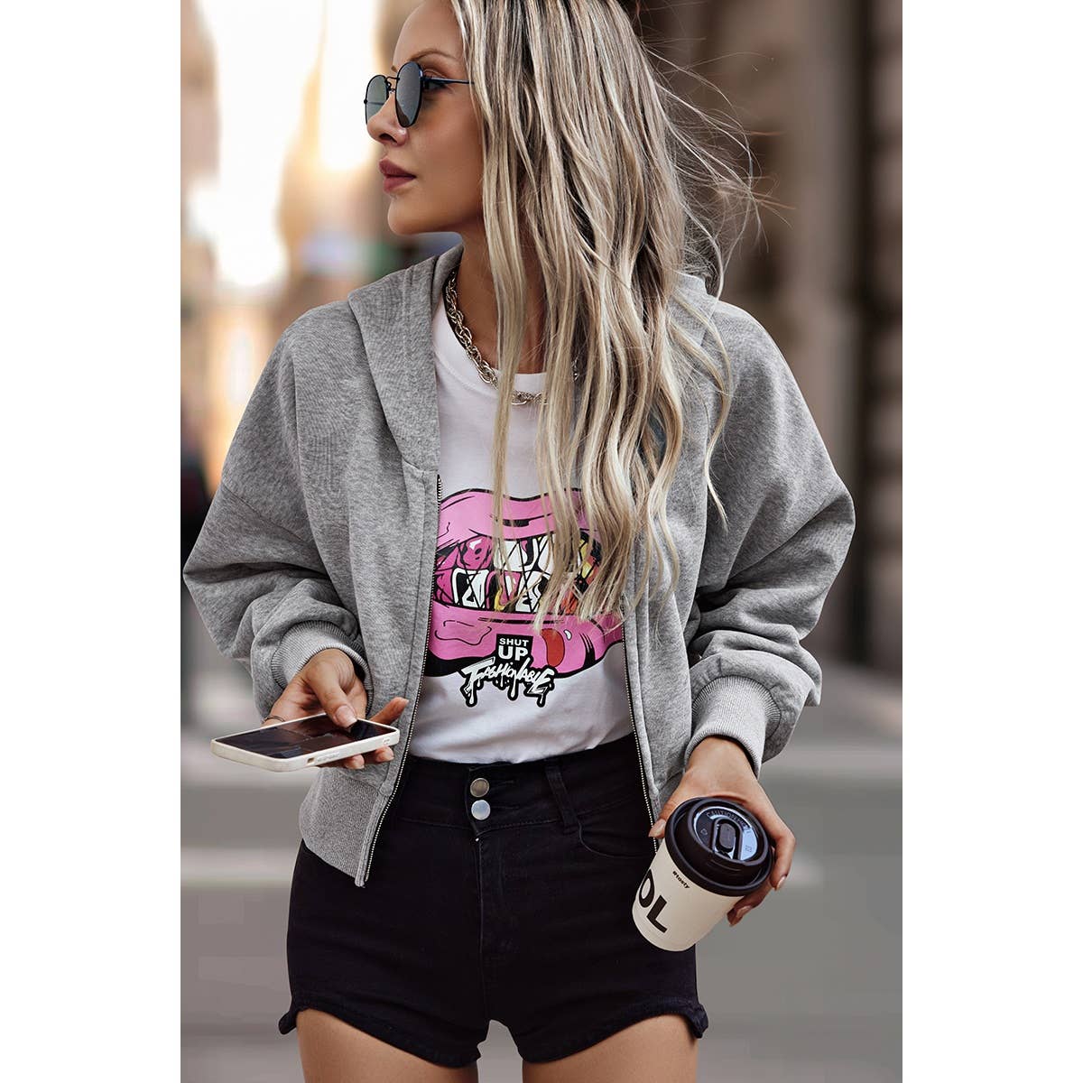 Solid Zipper Dropped Shoulder High Waist Hoodie