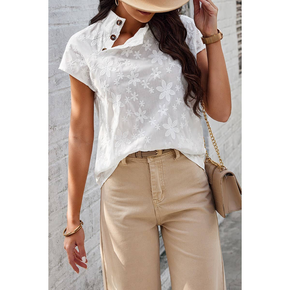 Button Floral Lace Fit Solid Mock Neck Blouse | Blouse - Women's | F, new arrival, short sleeve top, Top | Elings