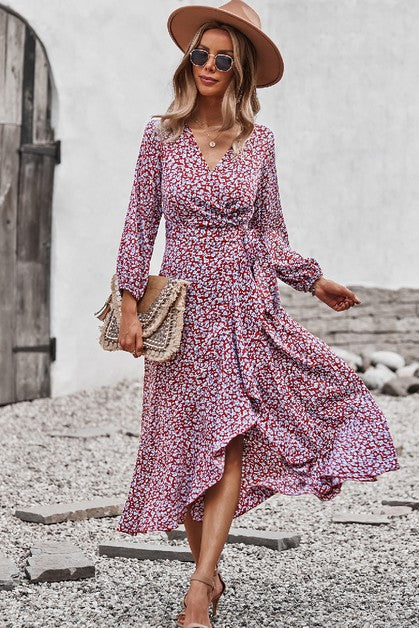 Ditsy Floral Vneck Ruffled Hem Wrap Midi Dress