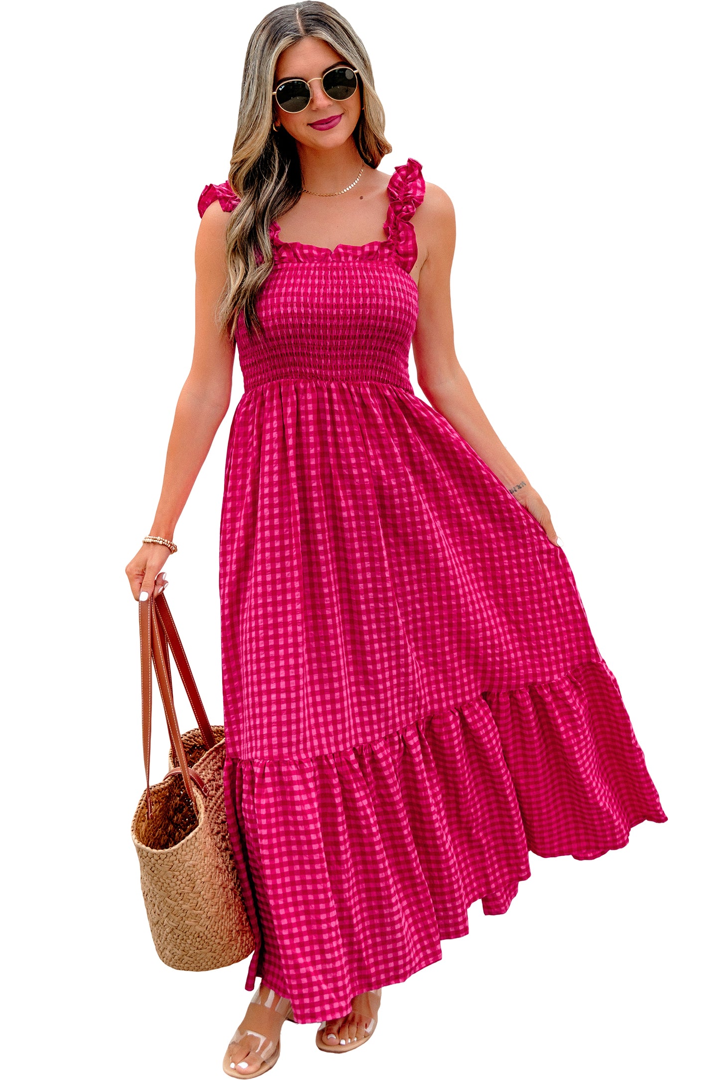 Plaid Square Neck Fit-and-flared Vacation Sundress