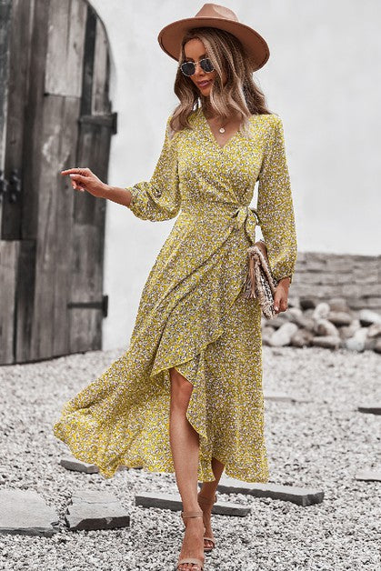 Ditsy Floral Vneck Ruffled Hem Wrap Midi Dress